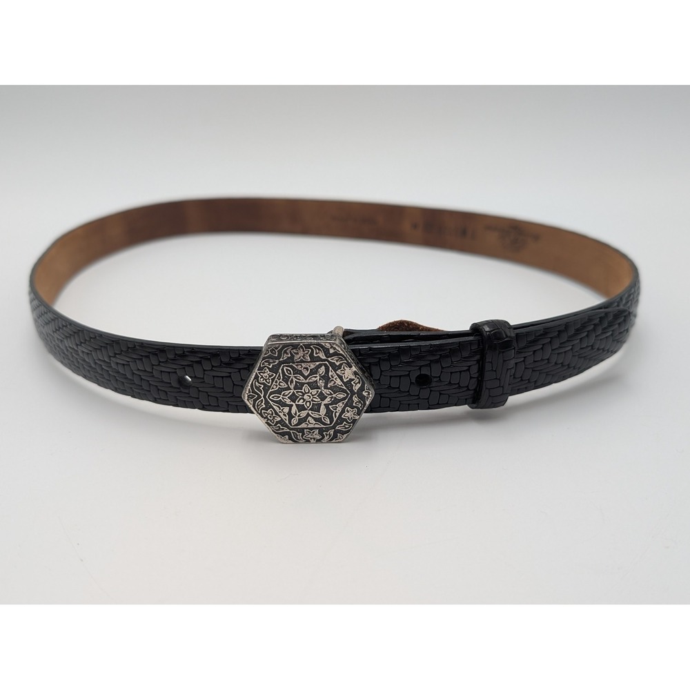 Tommy Bahama Belt IBEL italy buckle Womens M Black Leather  Floral Hexagon